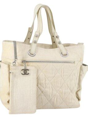 CHANEL Paris Biarritz GM Tote Bag Coated Canvas White Silver CC